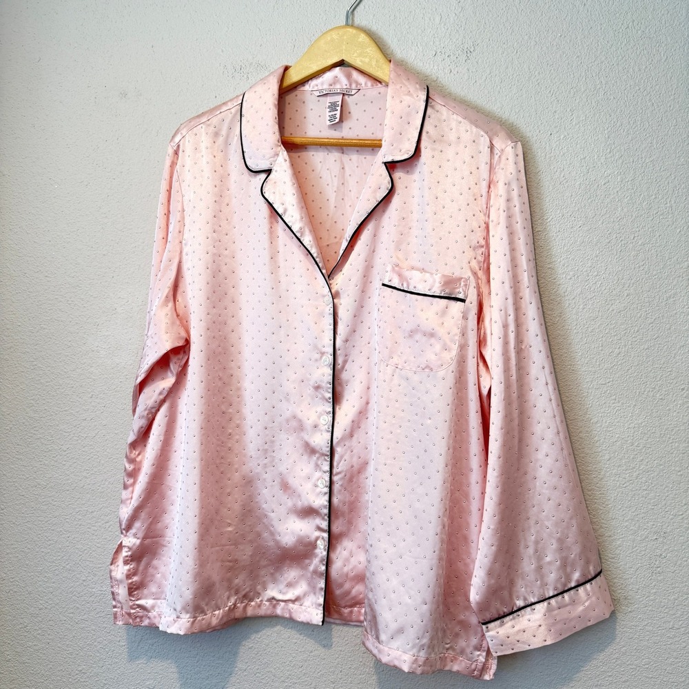 Victorias Secret‎ Pink Rhinestone Dotted Satin Pajama Set XL Long Sleeve